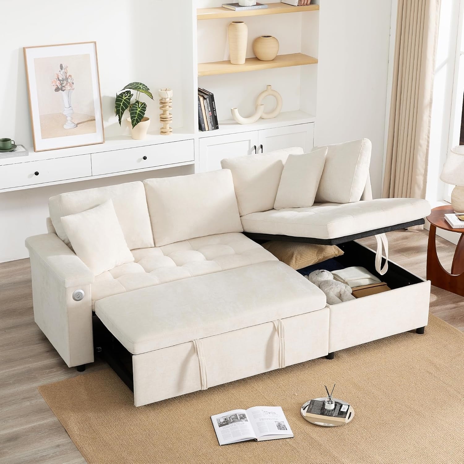 Ecksofa mit Schlaffunktion, Bettkasten, Stauraum, USB-Anschluss und Armle