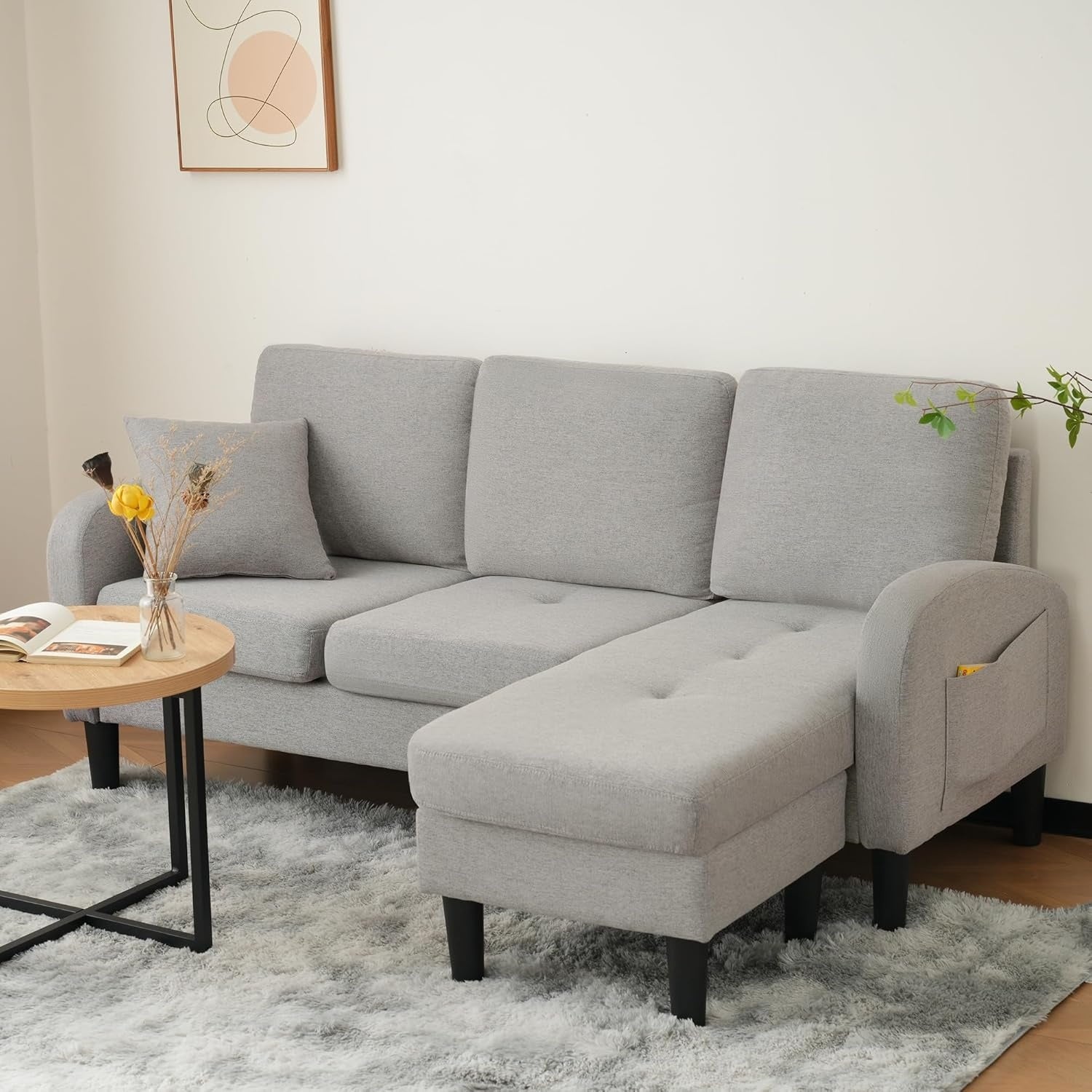 3-Sitzer Ecksofa mit Chaiselongue und Kunststoffbeinen aus Baumwoll-Leinen-Stoff, 166 ¡Á 1