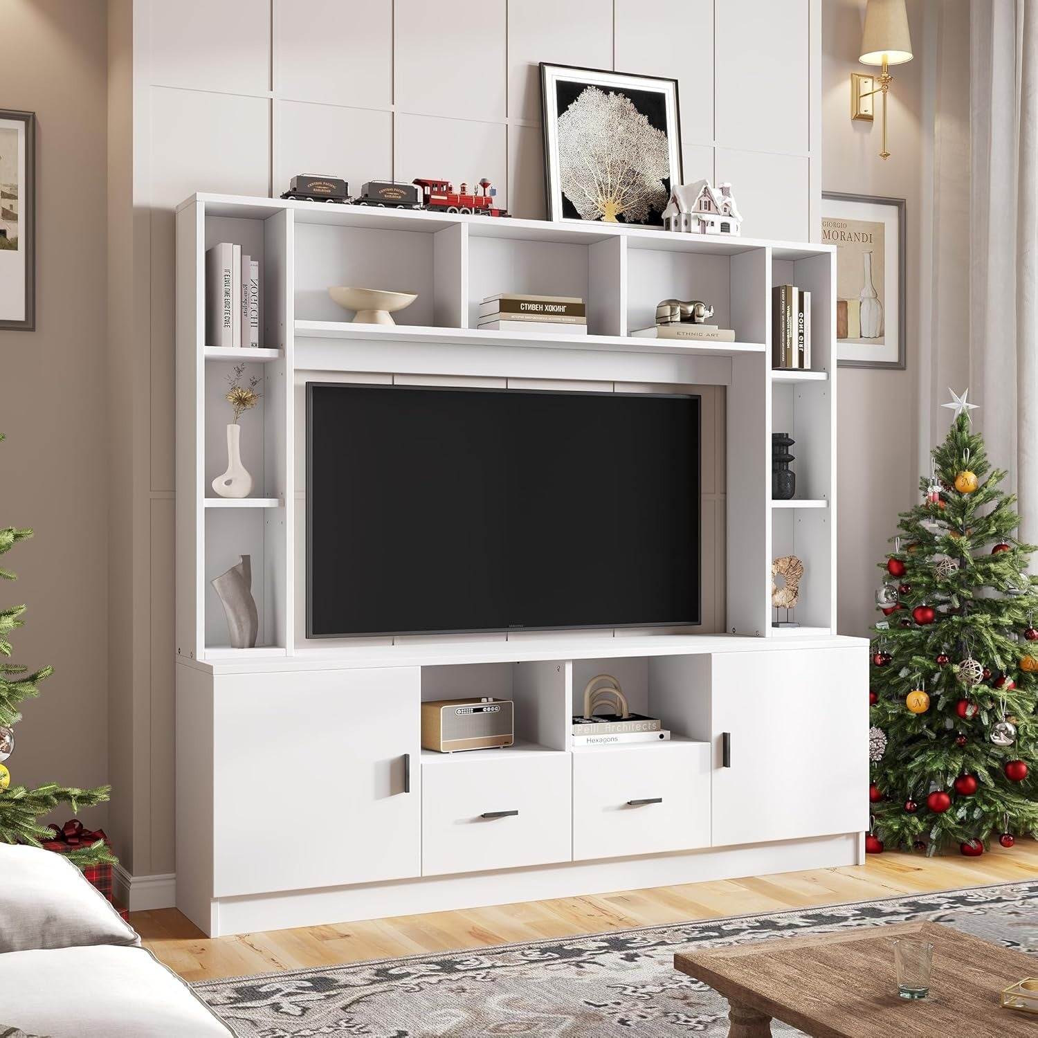 TV-Wohnwand mit Lowboard, 2 Hochschr?nken, Wandregalen und 2 Schubladen f¨¹r Fernseher b