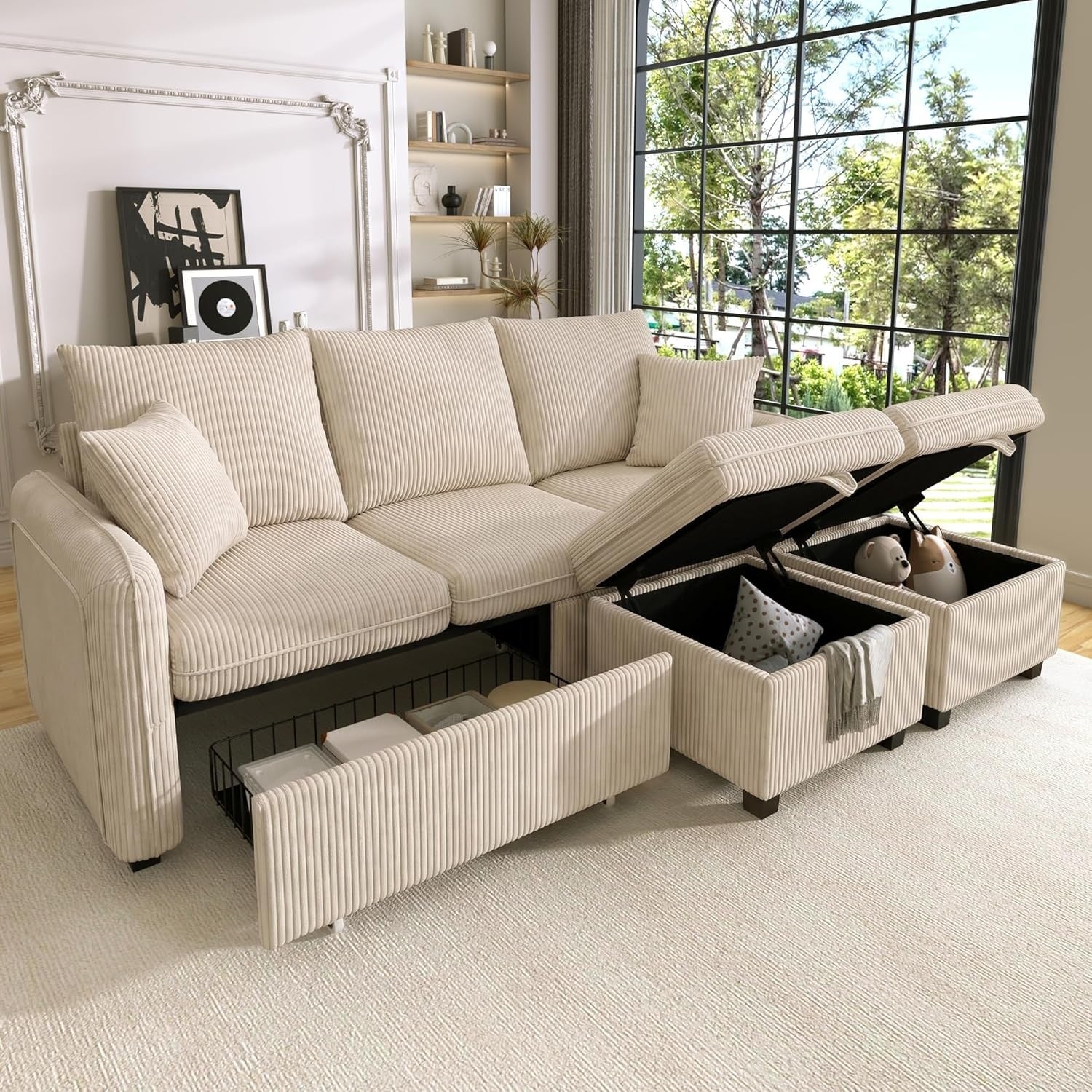 Modulares 3-Sitzer Sofa mit Stauraumhockern und Schubladen, flexibel als L- oder U-Form a