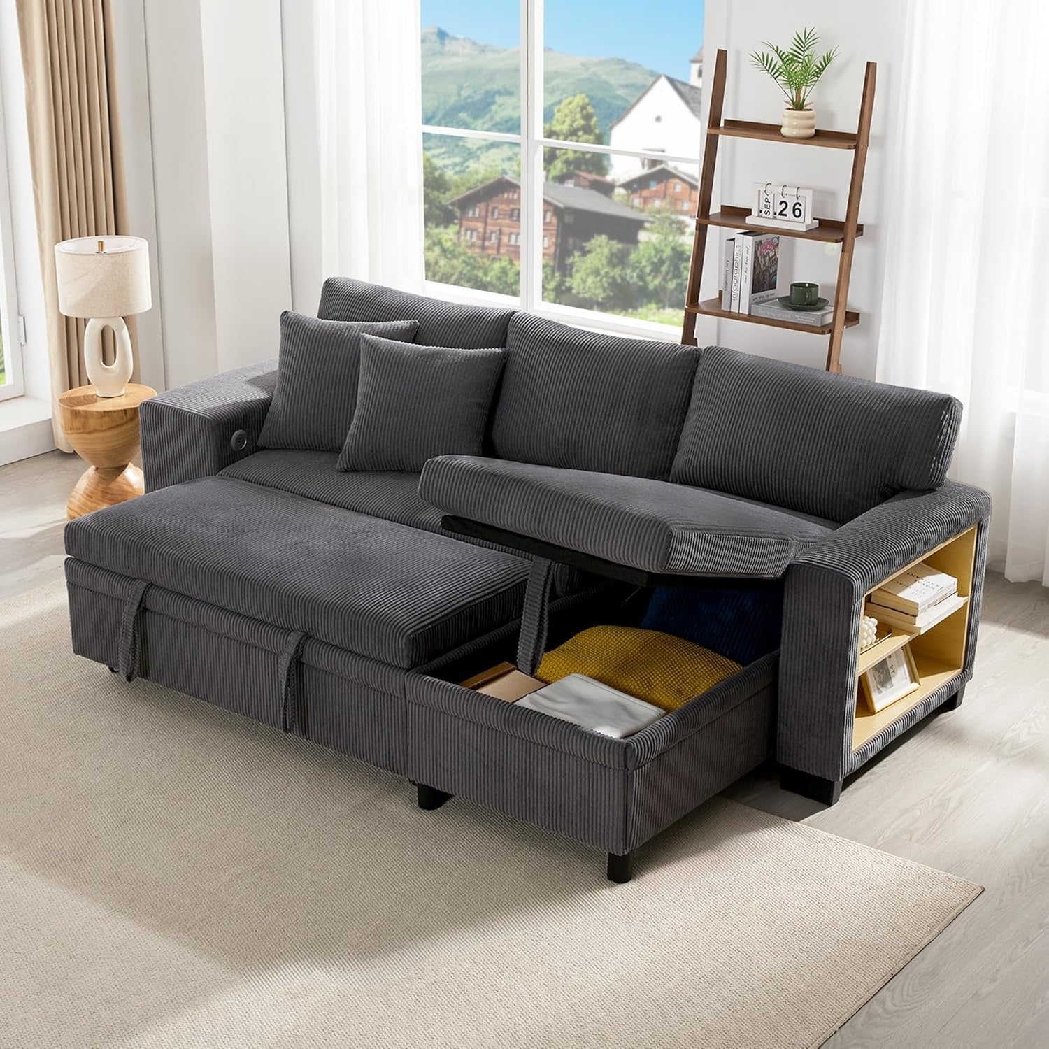 Ecksofa mit Schlaffunktion, Bettkasten, USB-Anschluss und Abl
