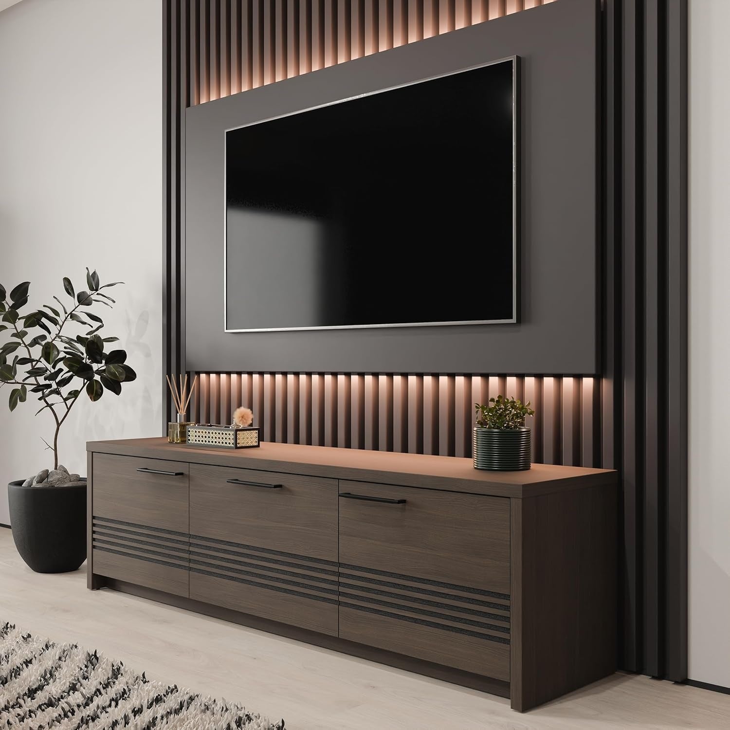 TV-Lowboard mit 2 T¨¹ren, 1 Schublade und Fr?sfront aus Holzwerkstoff in Dunkelbraun und Schwarzer Eiche, 181,2 ¡Á 51,1