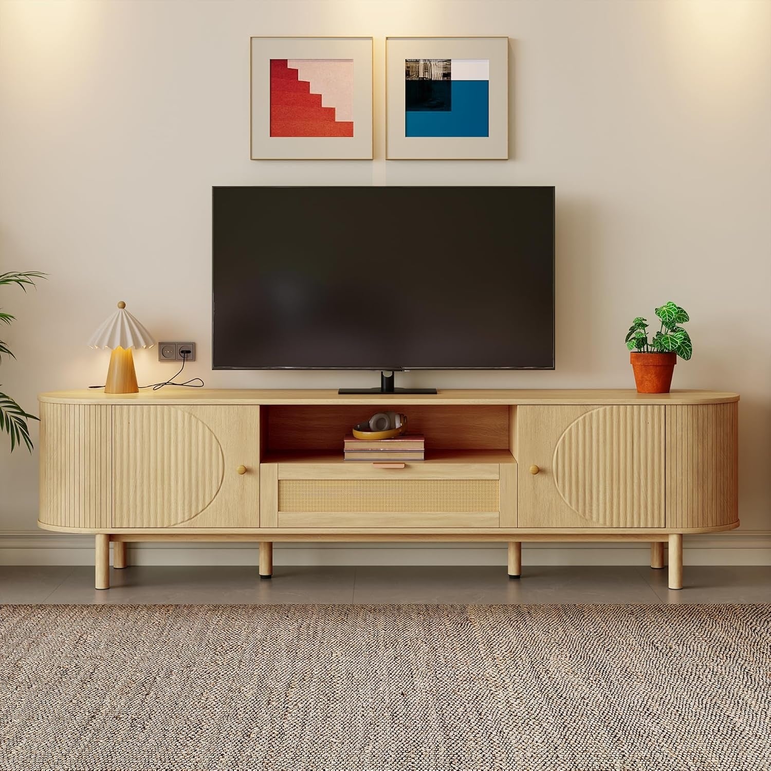 TV-Lowboard mit Rattan-Schubladen, offenen F?chern und Kabelmanageme