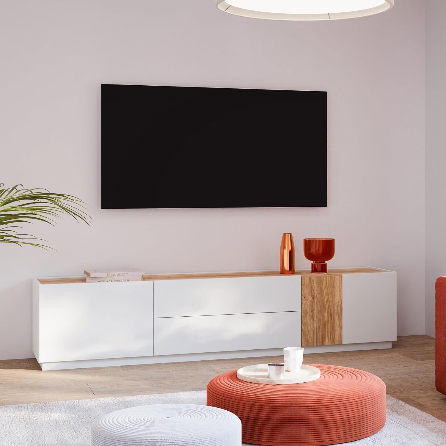 TV-Lowboard mit 2 T¨¹ren und 2 Schubladen aus Holzwerkstoff in Secret Grey und Mauvella-Eiche, 204,4 ¡Á 50