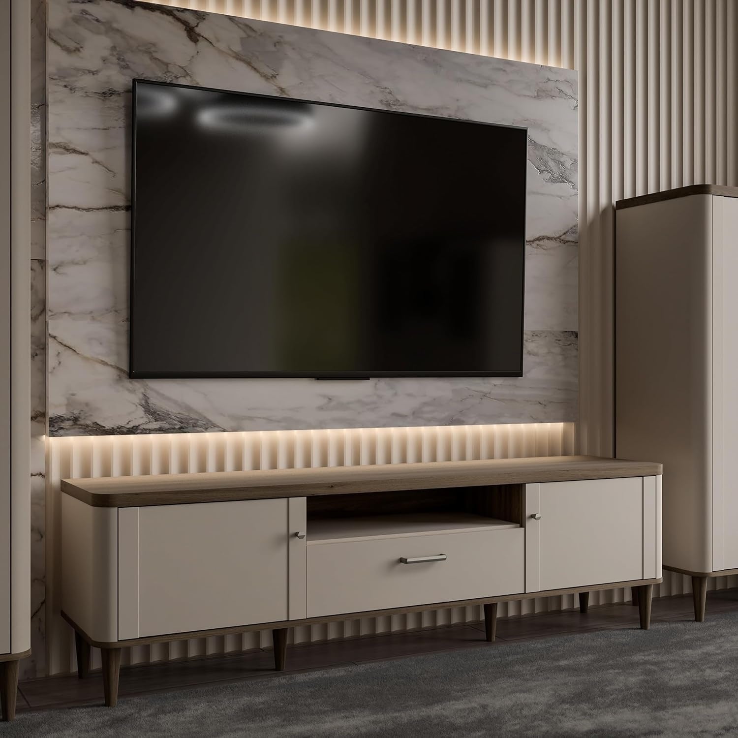 TV-Lowboard mit 2 T¨¹ren und 1 Schublade in Kaschmirbeige und Eiche, 179,8 ¡Á 53,3
