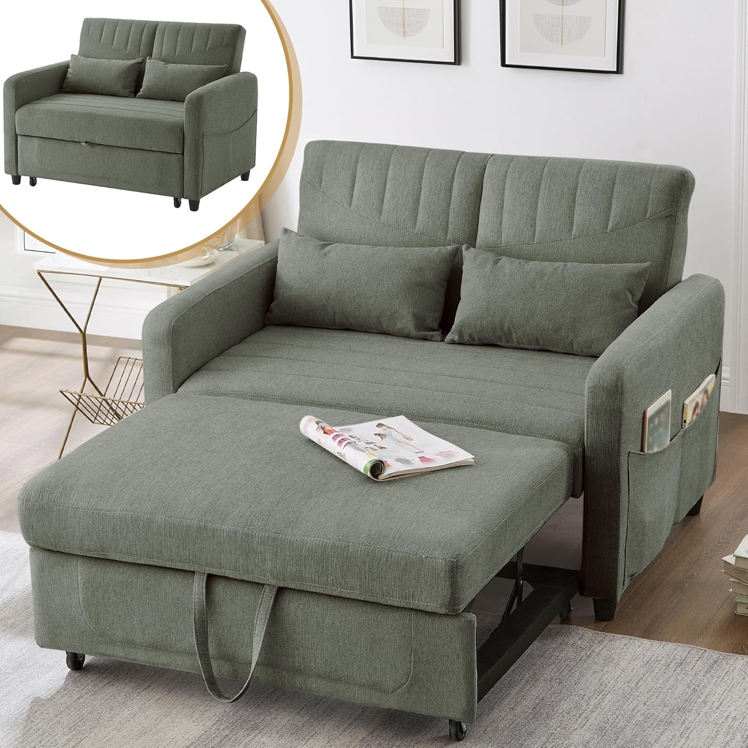 2-Sitzer Schlafsofa mit Ausziehfunktion, 3-fach verstellbarer R¨¹ckenlehne und Baumwoll-Le