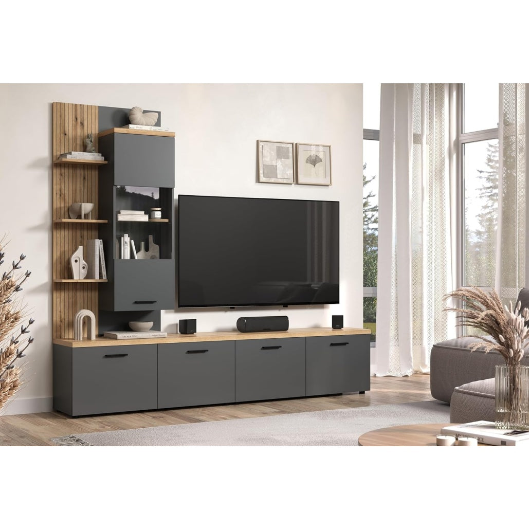 Wohnwand in Grau und Eiche mit H?ngevitrine und 2 TV-Lowboards, f¨¹r Fernseher bis 65 Zoll, 240 ¡Á 2