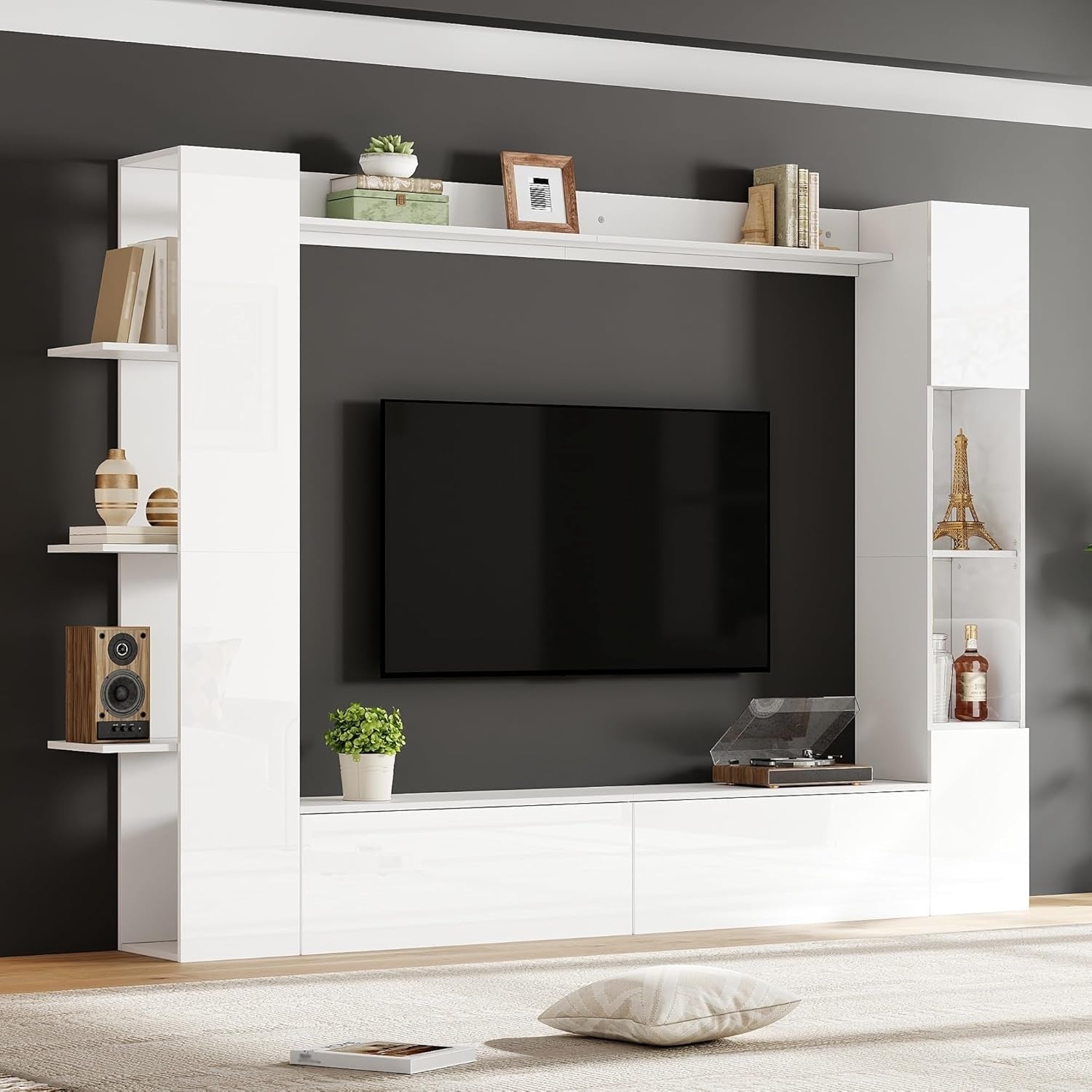 Wohnwand mit TV-Lowboard, Vitrine und H?ngeregal in Hochglanz mit vie