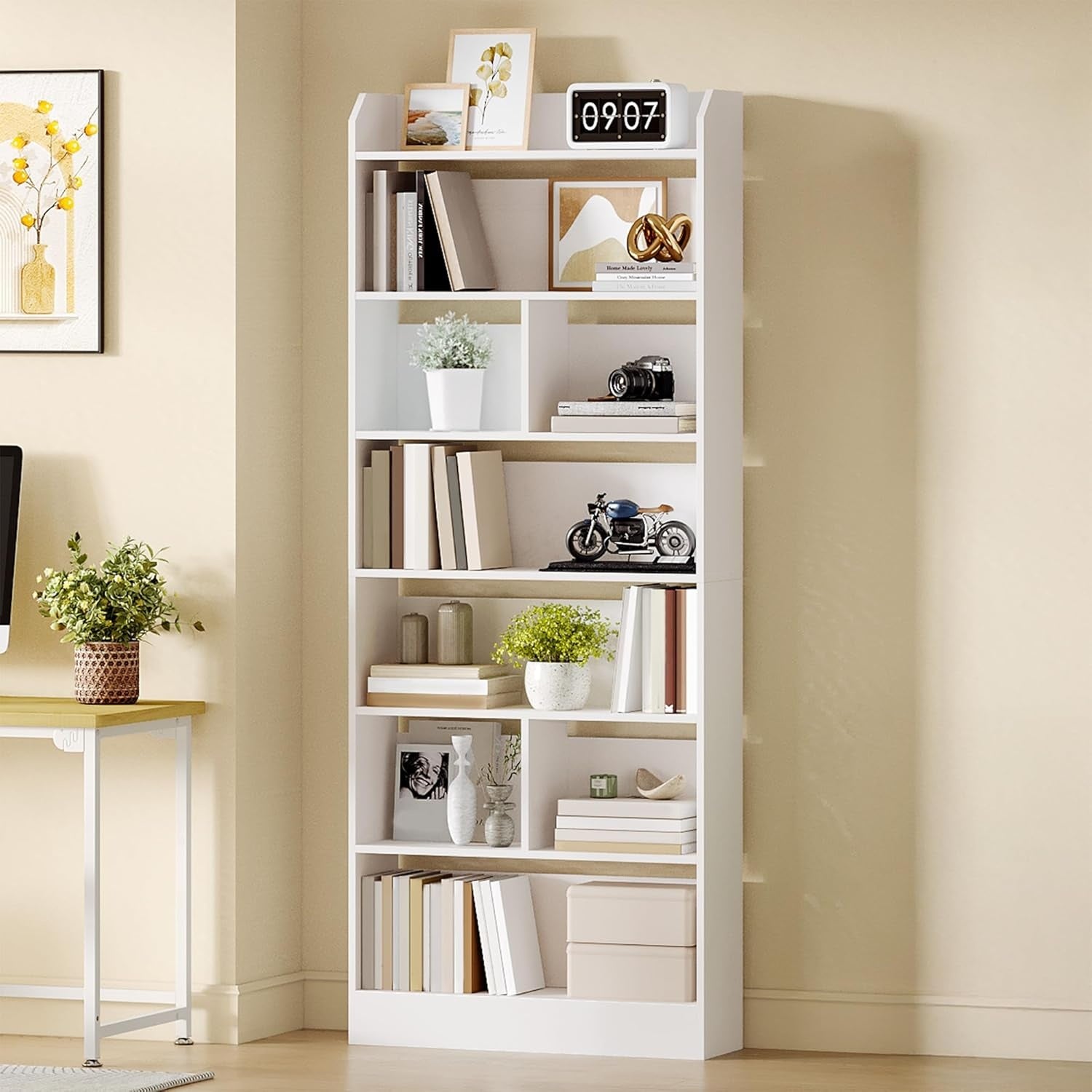 B¨¹cherregal mit 7 F?chern in Wei? f¨¹r Wohnzimmer, B¨¹ro oder Sc