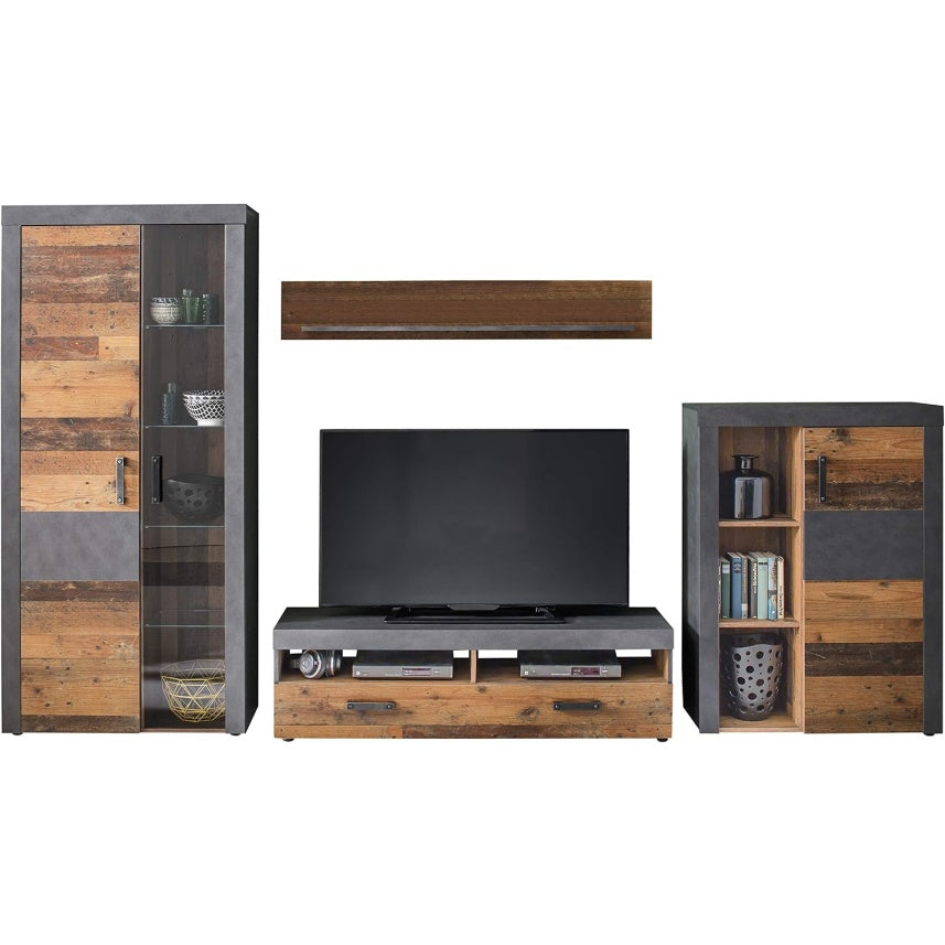 Wohnwand in Graphitgrau und Alteiche mit Vitrine, TV-Lowboard, Wandregal und Standregal, 343 ¡Á 1