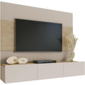 Wohnwand mit TV-Lowboard und Akustikpaneelen in Sandbeige und E