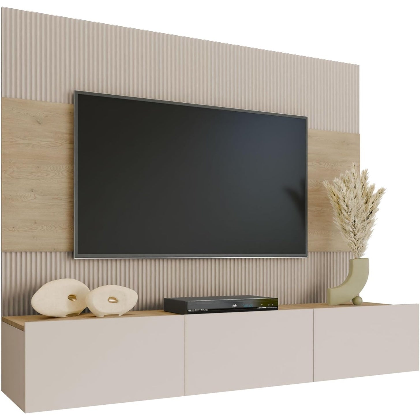 Wohnwand mit TV-Lowboard und Akustikpaneelen in Sandbeige und E