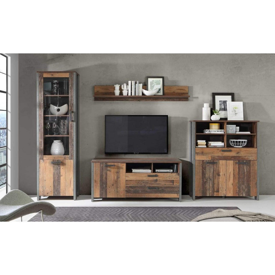 Wohnwand mit 5 T¨¹ren, 1 Glast¨¹r und 4 Schubladen aus Holzwerkstoff in Old Wood Vintage und dunkelgrauer Betonoptik, 330,4 ¡Á 204,7