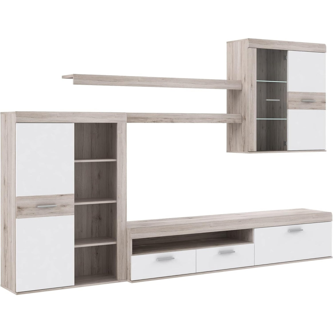 Wohnwand mit 3 T¨¹ren, 1 Glast¨¹r und 2 Schubladen aus Holzwerkstoff in Sandeiche und Wei?, 300 ¡Á 2