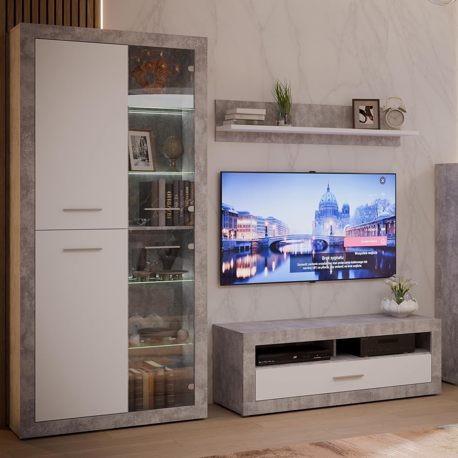 Wohnwand mit TV-Lowboard, Vitrine, Wandpaneel und Kommode in Wei? und Betonoptik, 328,4 ¡Á 193