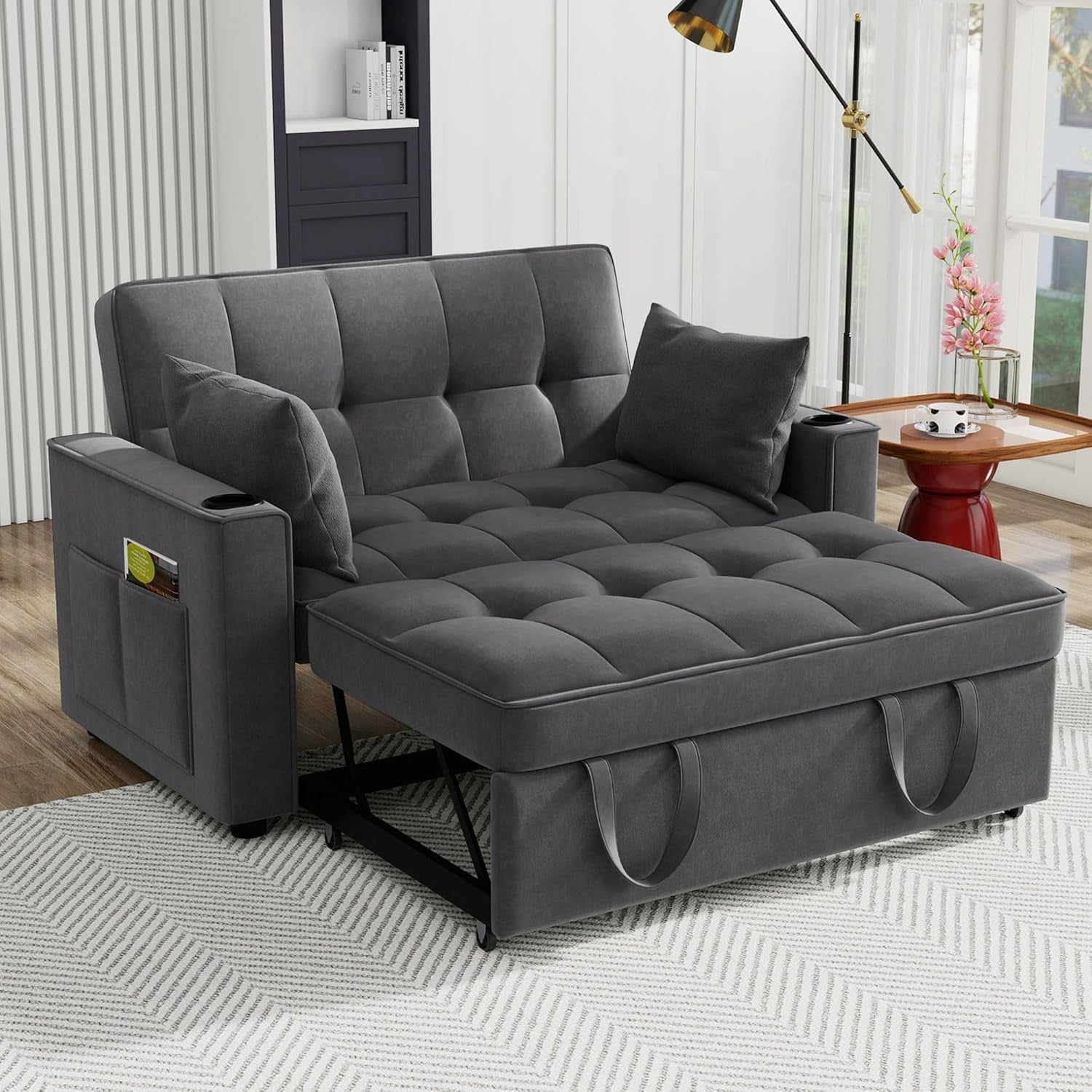 2-Sitzer Schlafsofa aus Samt mit verstellbarer R¨¹ckenlehne, Getr?nkehalter und Armleh