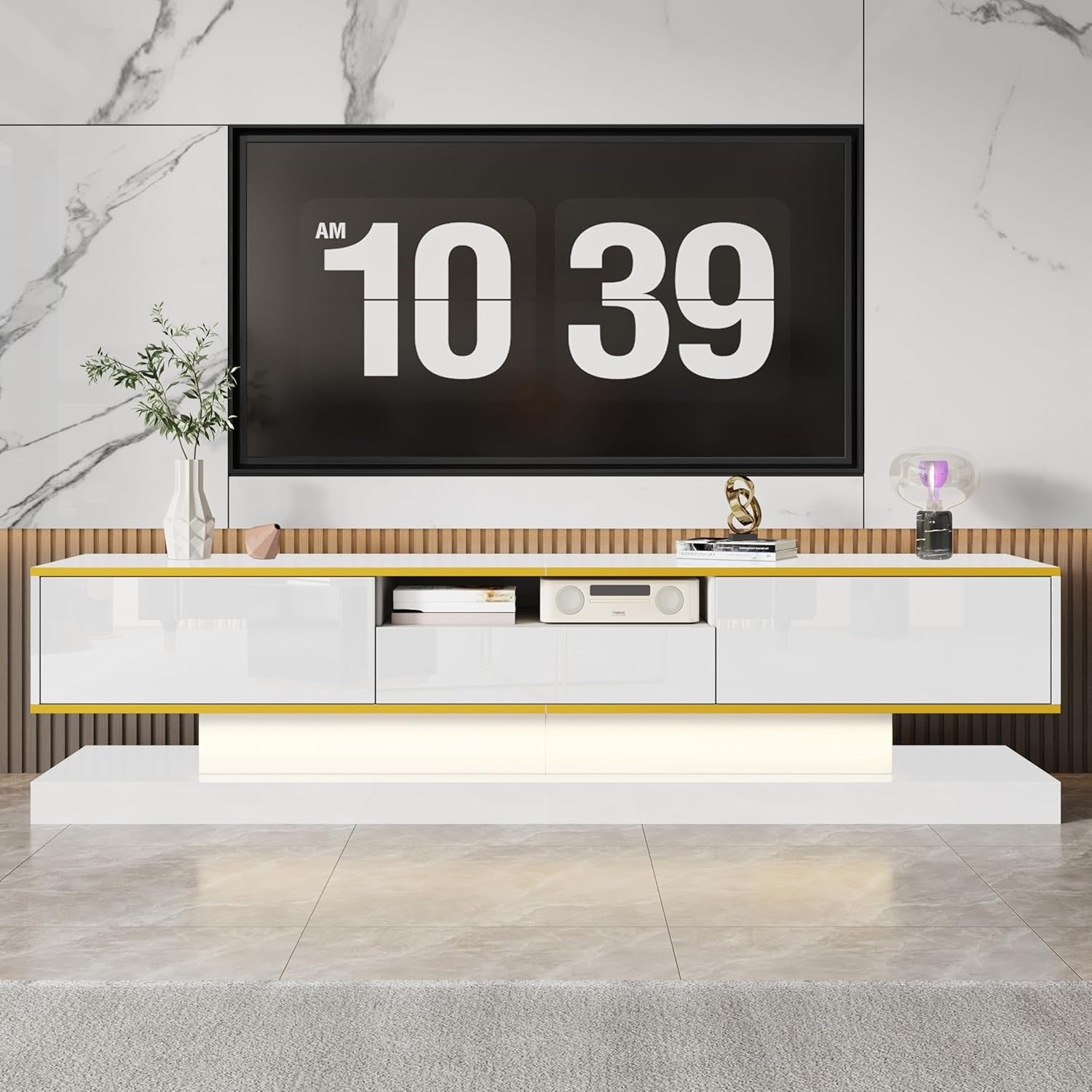 TV-Lowboard mit LED-Beleuchtung, 3 Schubladen und offenem Fach in