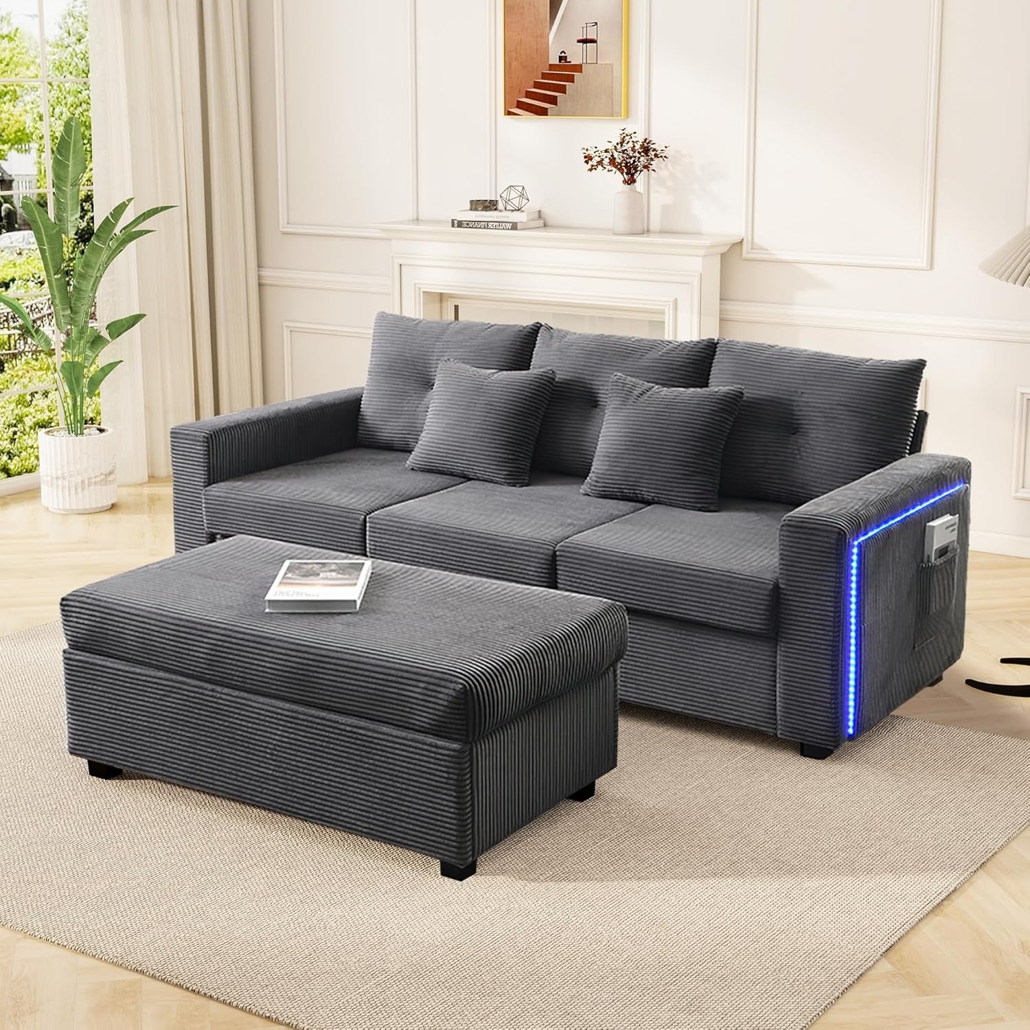 Modulares 3-Sitzer Ecksofa in L-Form mit LED-Beleuchtung, Ottoman, Stauraum un