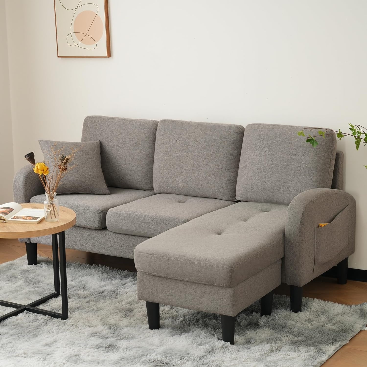 3-Sitzer Ecksofa mit Chaiselongue aus Baumwoll-Leinen-Stoff, 166 ¡Á 1
